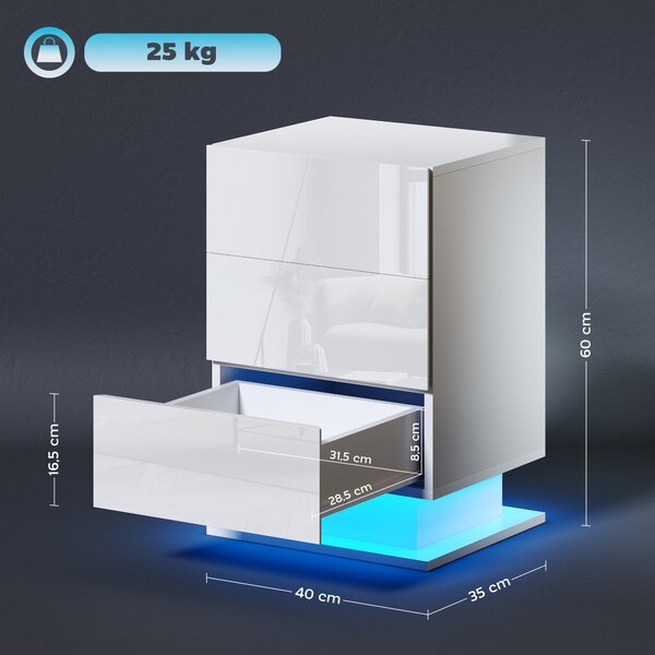 HOMCOM Comodino Moderno con Luce LED Regolabile con Telecomando e 3 Cassetti, 40x35x60 cm, Bianco Lucido | Aosom Italy