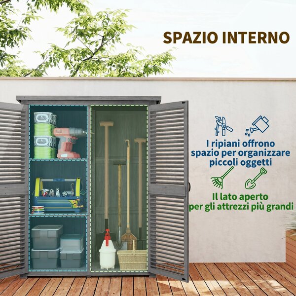 Outsunny Armadio da Giardino con 2 Porte a Persiana, 2 Ripiani, 2 Maniglie e Tetto Impermeabile, 127x65x168 cm, Grigio | Aosom Italy