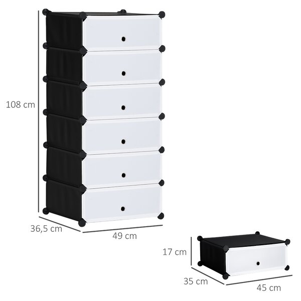HOMCOM Scarpiera Modulare Salvaspazio con 6 Scatole in Plastica PP e Acciaio, 49x36.5x108 cm, Nero e Trasparente | Aosom Italy