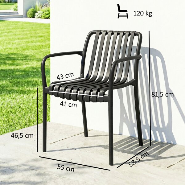 Outsunny Set di 4 Sedie da Patio Impilabili, Sedie da Pranzo per Esterni con Schienale Curvo, Seduta con Listelli e Braccioli, Nero | Aosom Italy