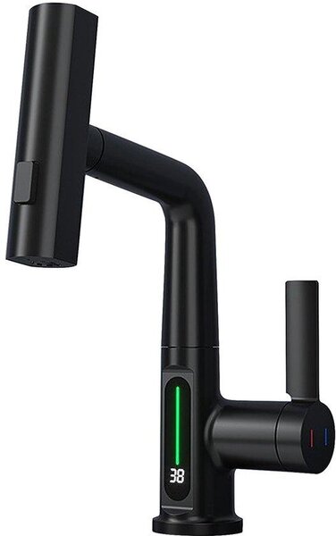Rubinetto girevole a 360 gradi con braccio estensibile, indicatore di temperatura a LED, 3 getti d'acqua, miscelatore da cucina, rubinetto per cucina e bagno (nero)