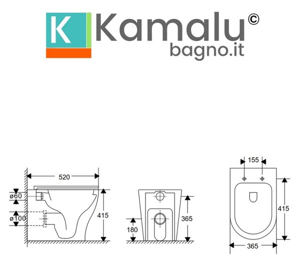 Kamalu wc filomuro in ceramica rimless con copriwc softclose | giuly