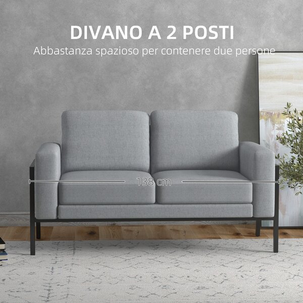 HOMCOM Divano 2 Posti in Tessuto Effetto Lino con Gambe in Acciaio e Cuscini Imbottiti, 138x70x83.5 cm, Grigio|Aosom