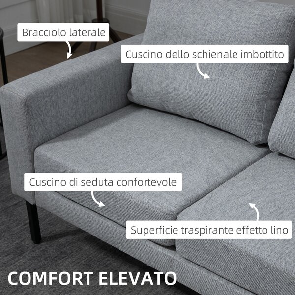 HOMCOM Divano 2 Posti in Tessuto Effetto Lino con Gambe in Acciaio e Cuscini Imbottiti, 138x70x83.5 cm, Grigio|Aosom