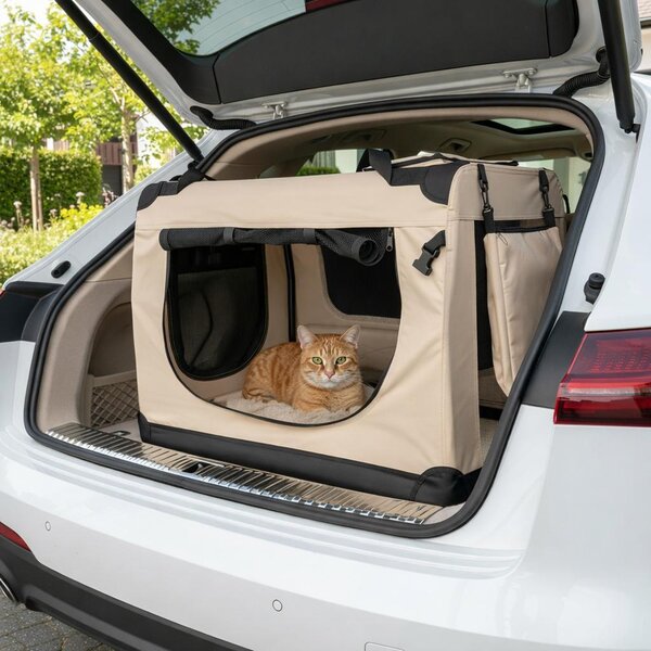 Trasportino per gatti Belviona, borsa da trasporto leggera e robusta, pieghevole con finestre in rete, cuscino interno e tasche, 82x58x58 cm, beige