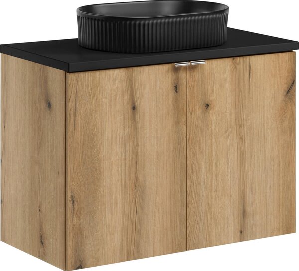 Set Da Bagno 80 Cm In Rovere Con Piano Nero E Lavabo Da Appoggio