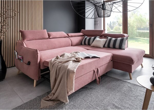 Divano letto angolare in velluto rosa chiaro (angolo destro) Sweet Harmony - Miuform