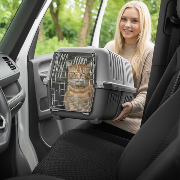 Cassetta di trasporto belviona per gatti, in plastica dura con porta e apertura in metallo, 58,5x35,5x40 cm, grigio scuro