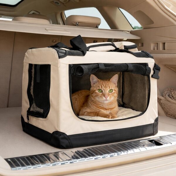 Trasportino per gatti Belviona, borsa da trasporto leggera e robusta, pieghevole con finestre in rete, cuscino interno e tasche, 50x34x36 cm, beige