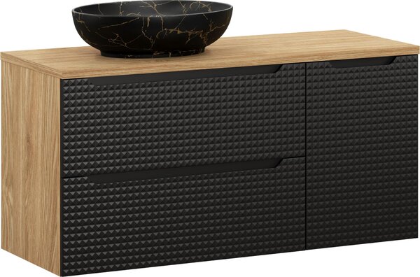 Set Da Bagno 120 Cm Con Piano E Lavabo Da Appoggio Mona – Nero Opaco E Rovere Oliato