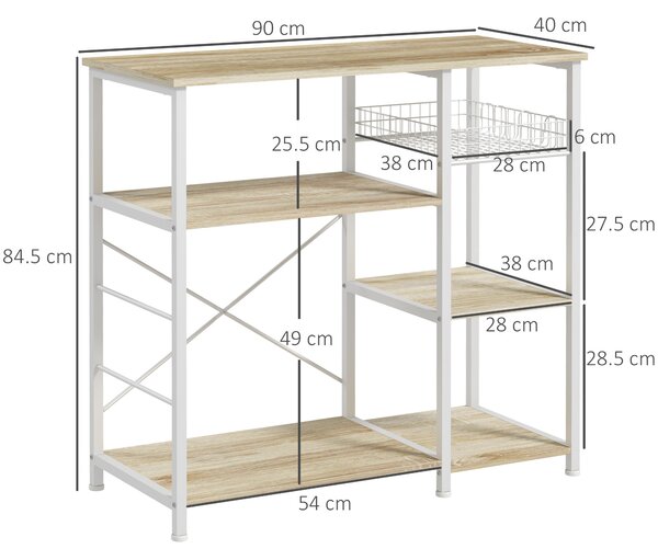 HOMCOM Mobile Cucina Moderno a 4 Ripiani con Cestino e Ganci in Legno e Acciaio, 90x40x84.5cm, Quercia e Bianco