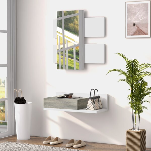 HOMCOM Set 2 Pezzi Mobile Cassetto scorrevole e Specchio da Ingresso, Design Sospeso, per soggiorno e camera, in MDF, Grigio e Bianco| Aosom Italy