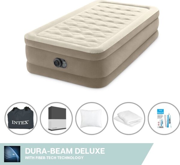 Letto ad aria Intex - 1 persona - 99 x 191 x 46 cm - Beige - Con pompa incorporata + lenzuolo nero + cuscino + federe Molton 2 in 1 + set di riparazione