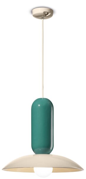 Lampadario sospensione ceramica decorata Due volumi sovrapposti PAU Diametro ? 31XH 36 cm - 1 x max 53W E27 interno COLORE CREMA - TURCHESE