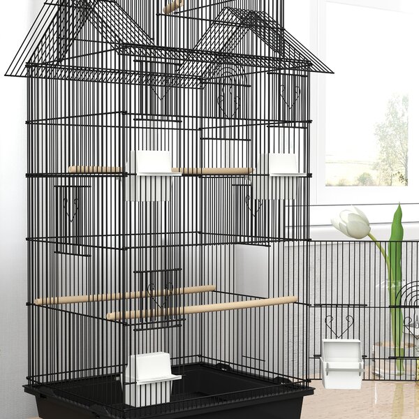 PawHut Gabbia per uccelli voliera con altalena maniglia portatile 4 mangiatoie 3 posatoi 50,5 x 41 x 104 cm in acciaio nero | Aosom Italy