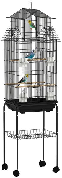 PawHut Gabbia per uccelli design casa mangiatoie posatoi porte vassoio escrementi amovibile maniglia trasporto 50,5x41x163cm nero | Aosom Italy