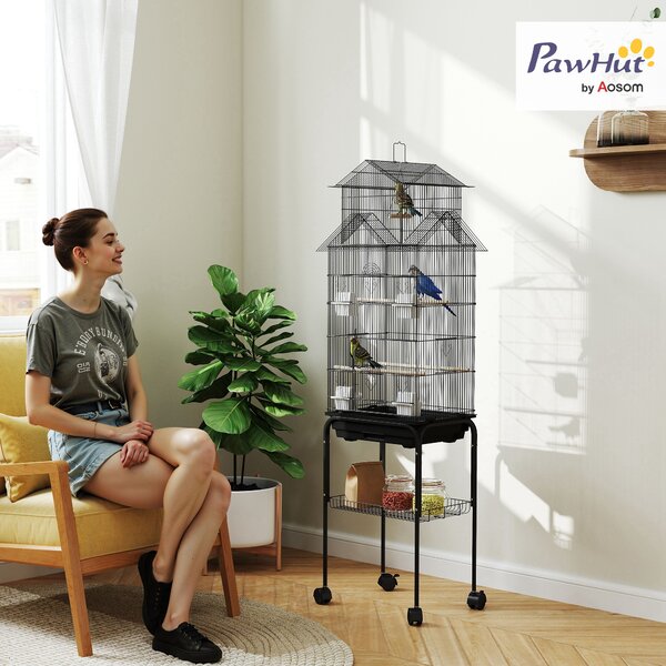 PawHut Gabbia per uccelli design casa mangiatoie posatoi porte vassoio escrementi amovibile maniglia trasporto 50,5x41x163cm nero | Aosom Italy