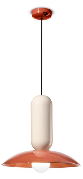 Lampadario sospensione ceramica decorata Due volumi sovrapposti PAU Diametro ? 31XH 36 cm - 1 x max 53W E27 interno COLORE ARANCIO POK�-CREMA