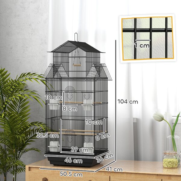 PawHut Gabbia per uccelli voliera con altalena maniglia portatile 4 mangiatoie 3 posatoi 50,5 x 41 x 104 cm in acciaio nero | Aosom Italy