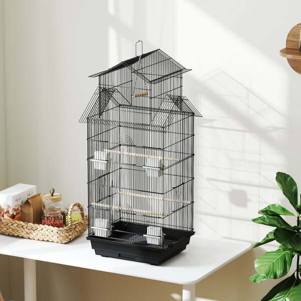 PawHut Gabbia per uccelli voliera con altalena maniglia portatile 4 mangiatoie 3 posatoi 50,5 x 41 x 104 cm in acciaio nero | Aosom Italy