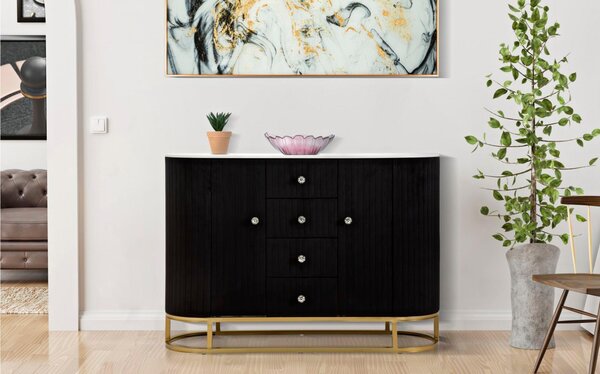 Mobile con i lati smussati con 2 ante e 4 cassetti, MONTPELLIER, Dimensioni 120x45xh 80 cm - Peso 34,8 kg La struttura in metallo dorato e tessuto imbottito