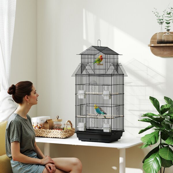 PawHut Gabbia per uccelli voliera con altalena maniglia portatile 4 mangiatoie 3 posatoi 50,5 x 41 x 104 cm in acciaio nero | Aosom Italy