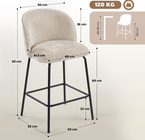 HOMCOM Set di 2 sgabelli da bar con schienale e poggiapiedi, gambe in acciaio, Beige | Aosom Italy