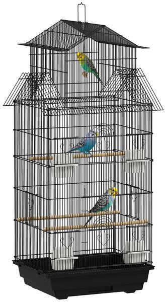 PawHut Gabbia per uccelli voliera con altalena maniglia portatile 4 mangiatoie 3 posatoi 50,5 x 41 x 104 cm in acciaio nero | Aosom Italy