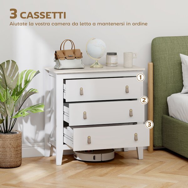 HOMCOM Cassettiera per Camera da Letto a 3 Cassetti con Maniglie in Finta Pelle, 80x40x78.5 cm, Bianco | Aosom Italy