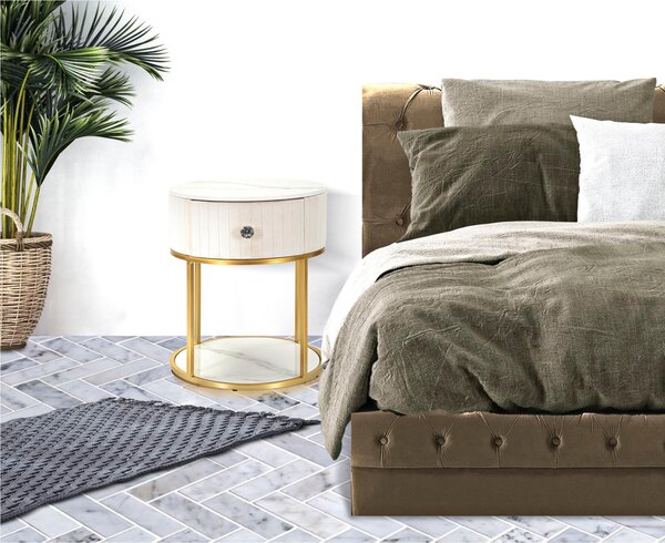 Comodino con struttura in metallo bianco e cassetto in legno, MONTPELLIER, Dimensioni 42X42x h 48 cm - Peso 6.4 kg La struttura in metallo dorato e tessuto imbottito