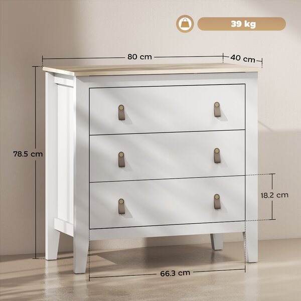 HOMCOM Cassettiera per Camera da Letto a 3 Cassetti con Maniglie in Finta Pelle, 80x40x78.5 cm, Bianco | Aosom Italy