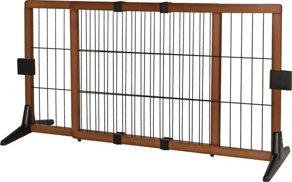 Cancelletto di sicurezza per gatti lionto alto 50 cm, barriera flessibile in legno di pino e filo d'acciaio, con piedini antiscivolo e supporto a muro, marrone/nero