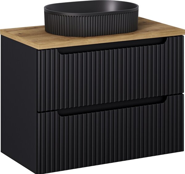 Mobile Bagno Nero 80 Cm Con Piano In Rovere E Lavabo Da Appoggio Nero