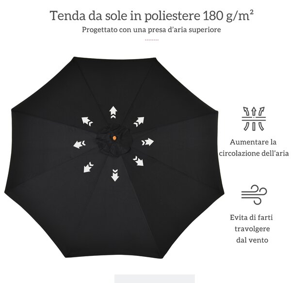 Outsunny Ombrellone da Giardino 3 m con Palo in Legno, 8 Stecche e Parasole in Poliestere, Nero | Aosom Italy
