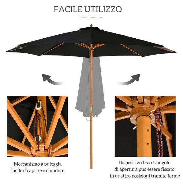 Outsunny Ombrellone da Giardino 3 m con Palo in Legno, 8 Stecche e Parasole in Poliestere, Nero | Aosom Italy