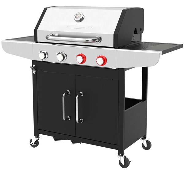 Griglia a gas ProfiCook fino a 450°C | griglie in ghisa | incluso regolatore di pressione del gas e tubo flessibile | 4 bruciatori | griglia a gas | 2 ripiani | PC GG 1311