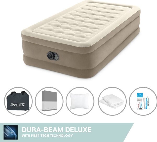 Letto ad aria Intex - 1 persona - 99 x 191 x 46 cm - Beige - Con pompa incorporata, lenzuola antracite, cuscino, federe Molton 2 in 1 e set di riparazione