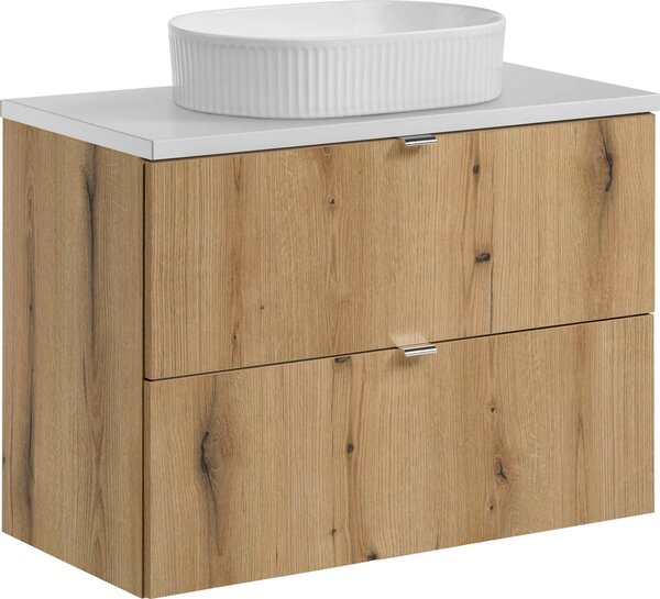Mobile Bagno 80 Cm Con Piano Bianco E Lavabo Da Appoggio In Rovere