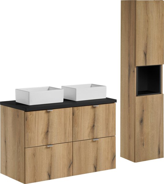 Set Da Bagno 100 Cm Rovere Nero Piano Lavabo Soprapiano + Colonna