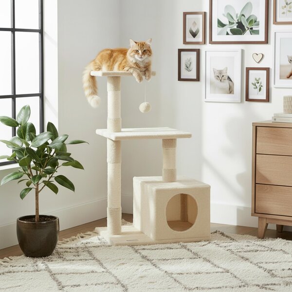Belviona tiragraffi per gatti 85 cm con supporto a parete, salvaspazio con grotta, sisal e palla da gioco, beige