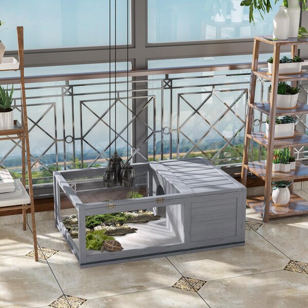 PawHut Casa recinto gabbia abitazione con 2 spazi per piccolo animale tartarughe, in legno massello, 91x60,5x32 cm, grigio | Aosom Italy