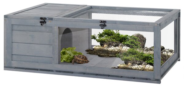 PawHut Casa recinto gabbia abitazione con 2 spazi per piccolo animale tartarughe, in legno massello, 91x60,5x32 cm, grigio | Aosom Italy
