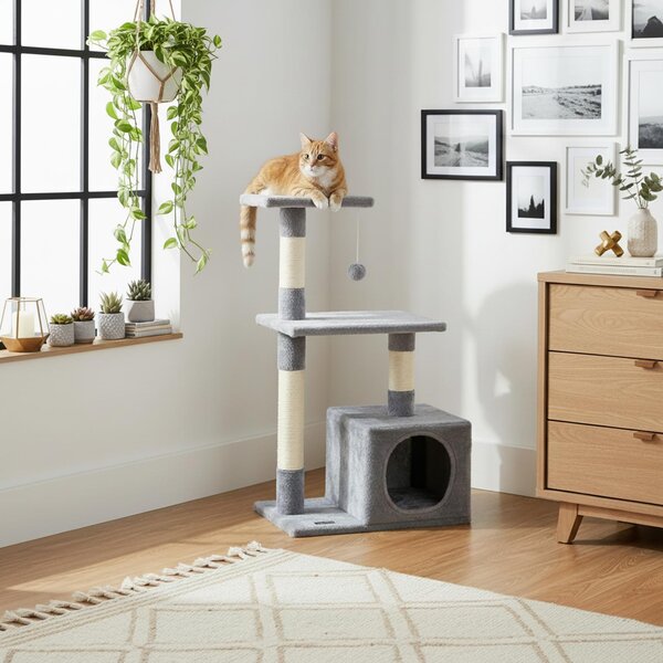 Belviona tiragraffi per gatti 85 cm con supporto a parete, salvaspazio con grotta, sisal e palla da gioco, grigio chiaro