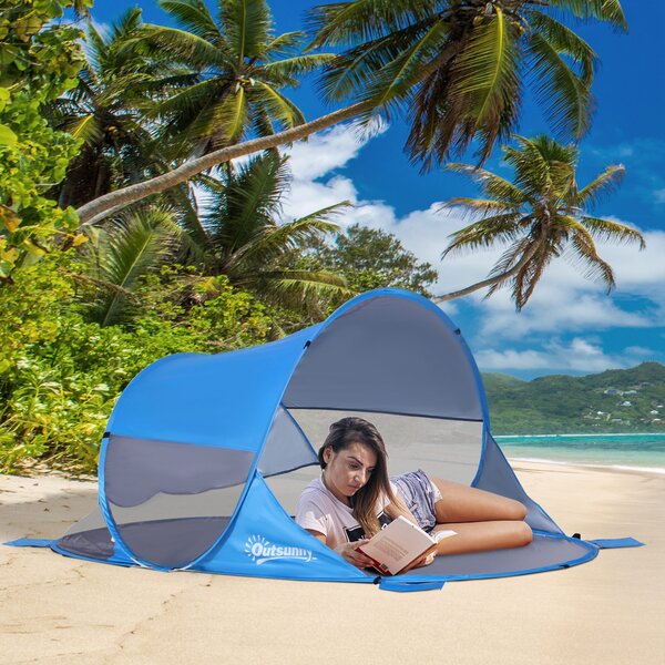 Outsunny Rifugio da spiaggia tenda da spiaggia pieghevole pop-up automatica protezione UV finestra posteriore grande tappeto da terra azzurro