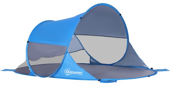 Outsunny Rifugio da spiaggia tenda da spiaggia pieghevole pop-up automatica protezione UV finestra posteriore grande tappeto da terra azzurro