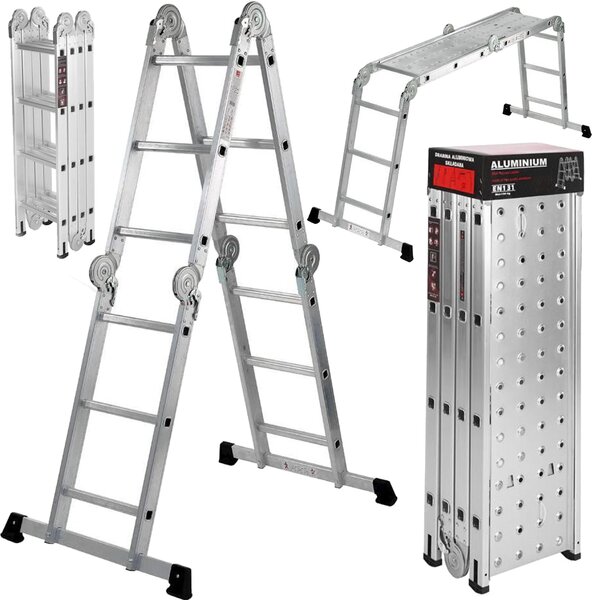 KRAFT&DELE | Scala multiuso, 4x4 gradini, 460 cm, 150 kg, scala multifunzionale con piattaforma, scala con 2 piastre da ponteggio, scala articolata, scala pieghevole, scala fissa, scala in alluminio, scala a gradini, scala combinata