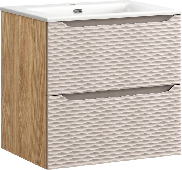 Mobile Bagno 60 Cm Con Lavabo In Vetroceramica – Rovere Oliato, Beige 3D