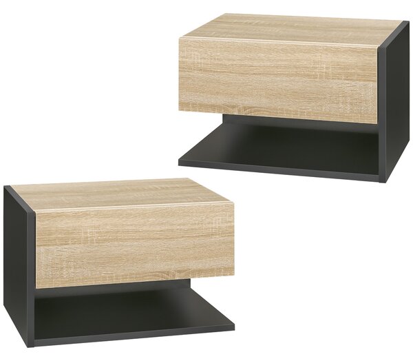 HOMCOM Set di 2 Comodini da Parete - Set di 2 Comodini da Notte - cassetto Scorrevole, Scaffale, Bicolore Effetto Rovere Nero