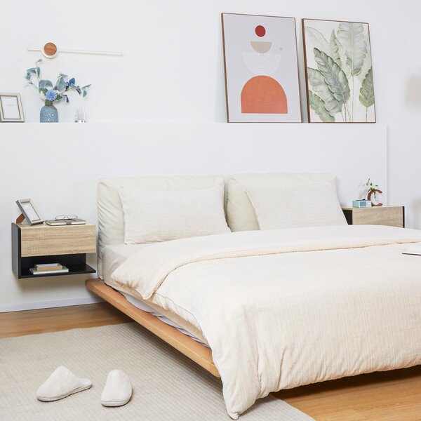 HOMCOM Set di 2 Comodini da Parete - Set di 2 Comodini da Notte - cassetto Scorrevole, Scaffale, Bicolore Effetto Rovere Nero
