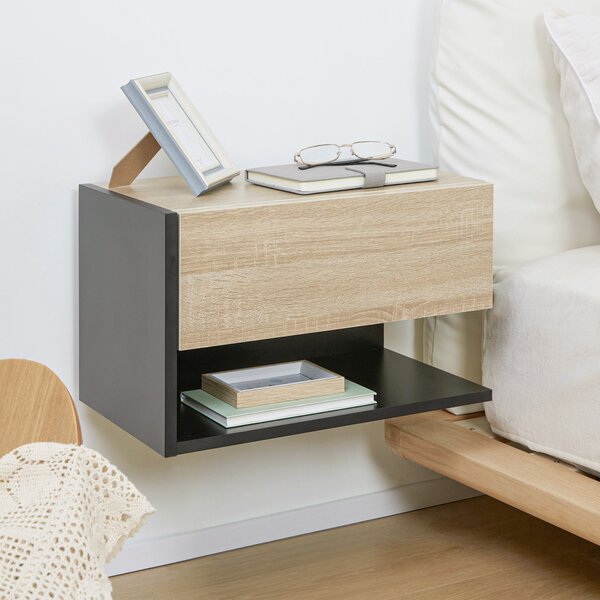HOMCOM Set di 2 Comodini da Parete - Set di 2 Comodini da Notte - cassetto Scorrevole, Scaffale, Bicolore Effetto Rovere Nero